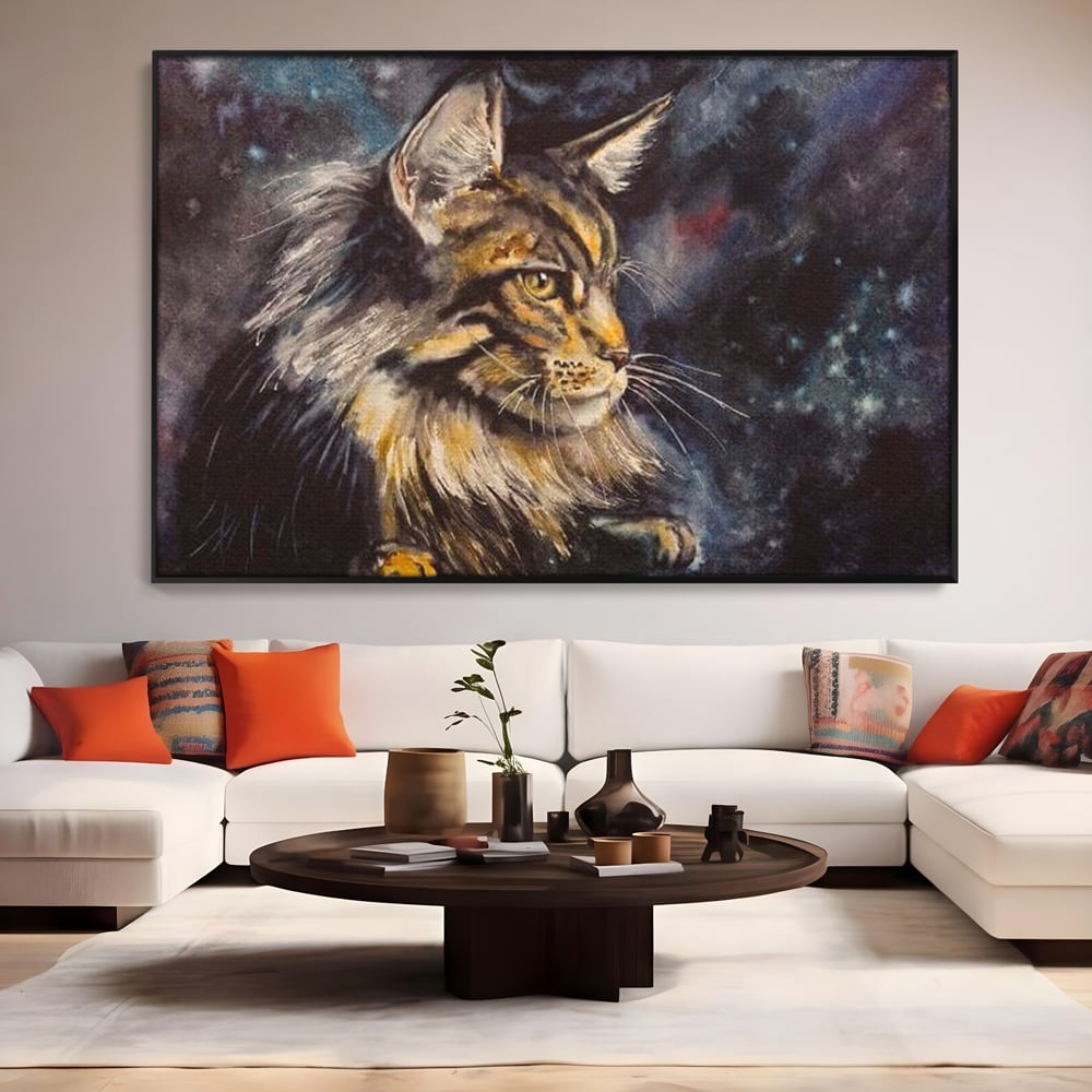 Tablou canvas cu tablou canvas cu pisica in galaxie, in rama de aluminiu negru, pe perete intr-un living